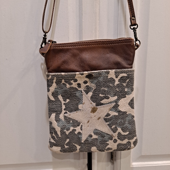 Myra Bag Handbags - Myra Bag Brown Leather and Gray Blue Camo Canvas With Star Cowhide Crossbody
